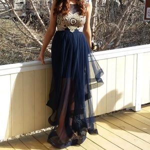 Navy Blue/Gold City Triangles Prom Dress. Tag says size 5, tailored to a size 2.